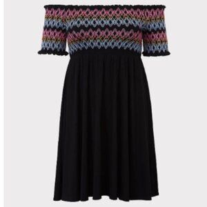 Torrid Black Embroidered Jersey Off Shoulder Skater Dress